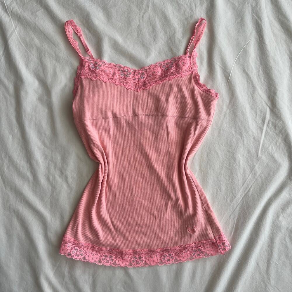 Y2K Justice Baby Pink Lace Trim Camisole Ribbed Tank - Size XS